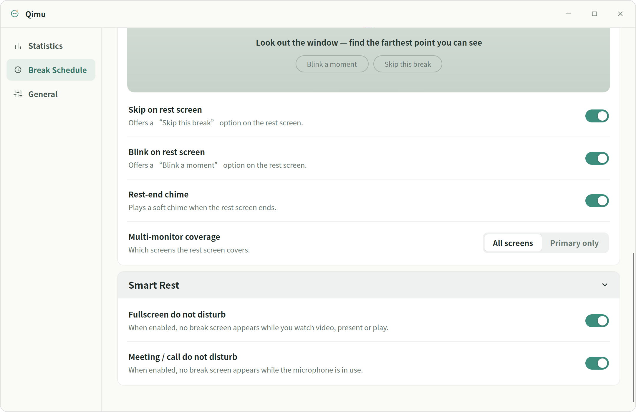Qimu smart-break settings: full-screen and meeting do-not-disturb