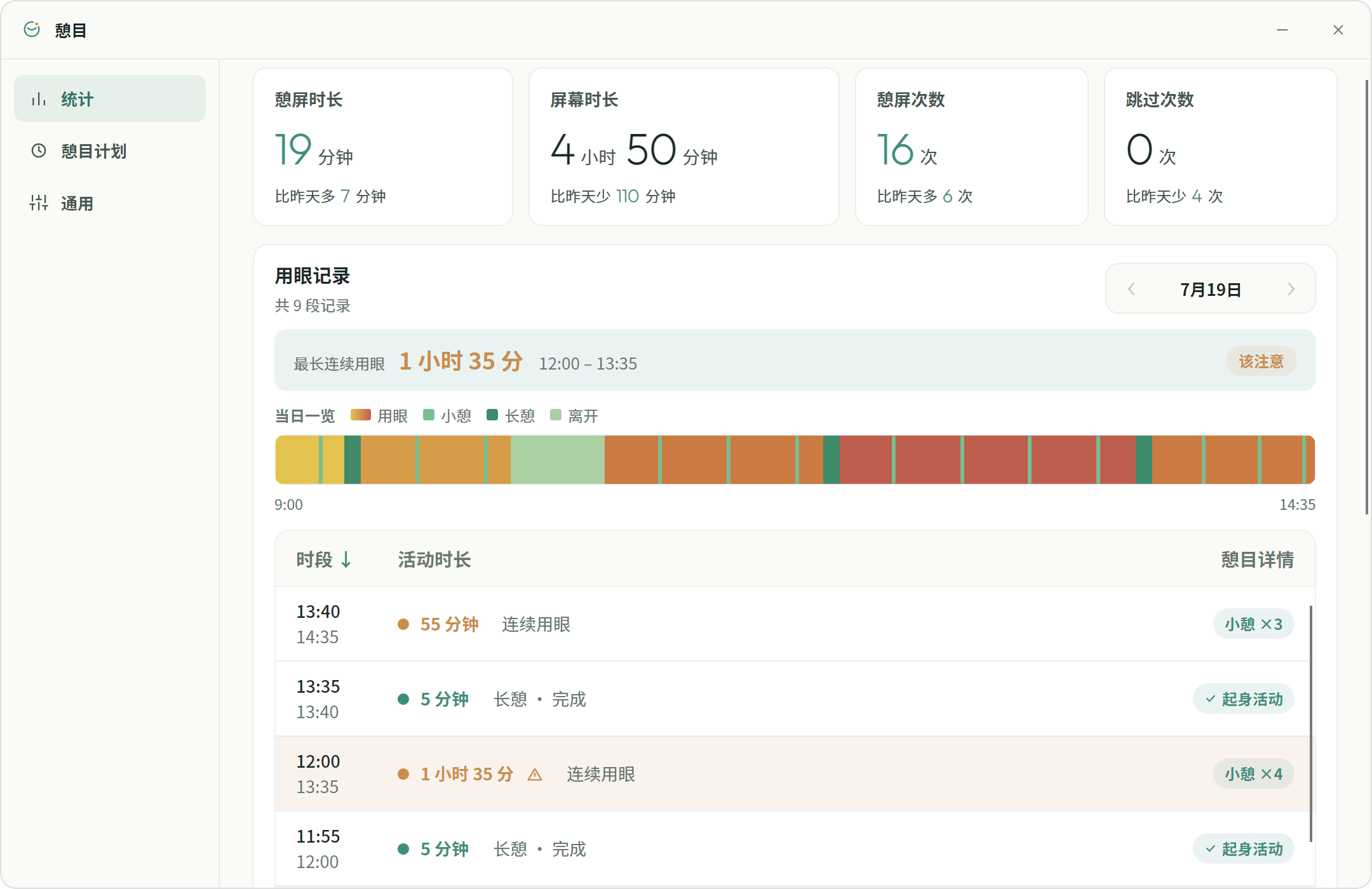 憩目 应用界面：用眼数据与统计